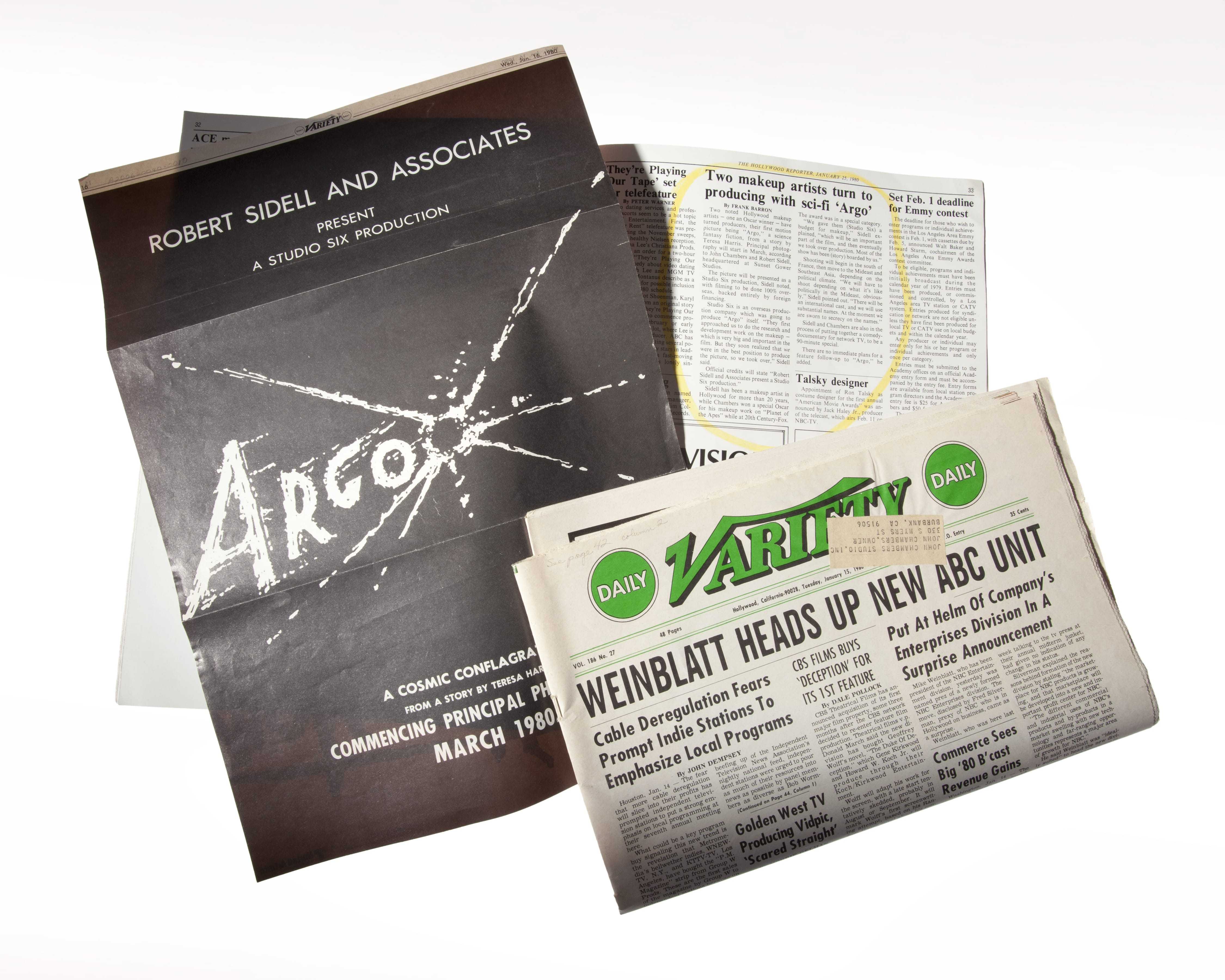 A full page advertisement for Argo and a paper copy of Variety talking about the upcoming production